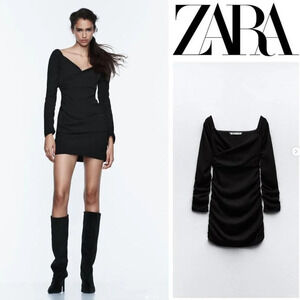 Zara Ruched V  Neck Long Sleeve Mini Dress Black Size Medium